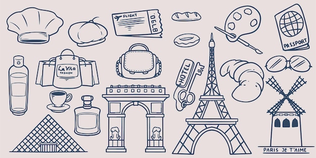 Vetor conjunto de elementos de viagem de doodle de desenho à mão para ir ao redor do mundo com chapéu de chef pão torre eiffel passaporte museu bilhete moinho de vento bolsa e óculos de sol