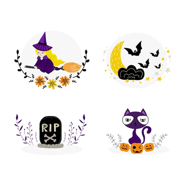 Vetor conjunto de elementos decorativos de coleção de divisores de bordas de halloween com a bruxinha desenhada han