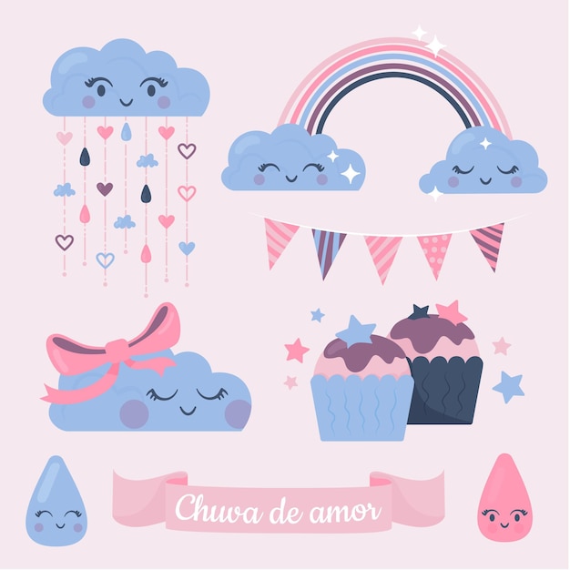 Vetor conjunto de elementos decorativos orgânicos chuva de amor plana