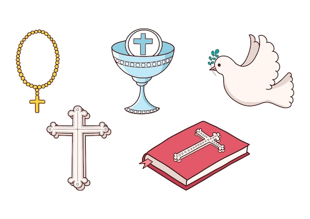 Conjunto de elementos do cristianismo Estilo de desenho à mão Pomba Sagrada Comunhão Cruz Bíblia e Rosário Vetor
