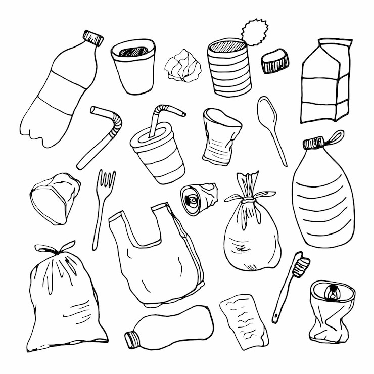 Vetor conjunto de elementos do dia da terra da poluição plástica do doodle vetorial