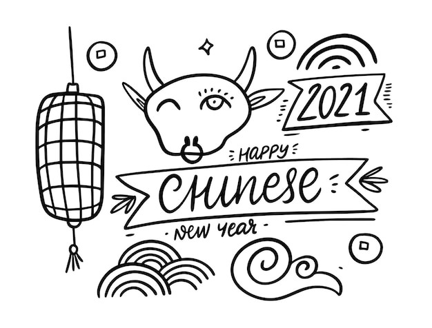 Conjunto de elementos do doodle do ano novo do símbolo do touro chinês. cores preto e branco. isolado no fundo branco.