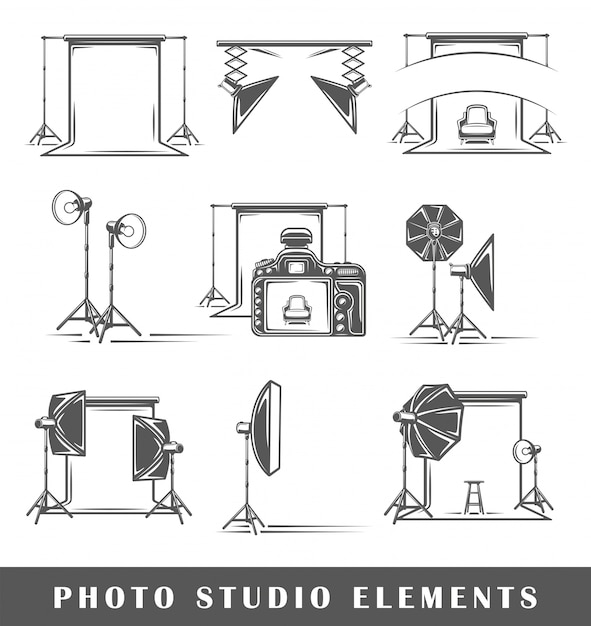 Conjunto de elementos do estúdio de fotografia