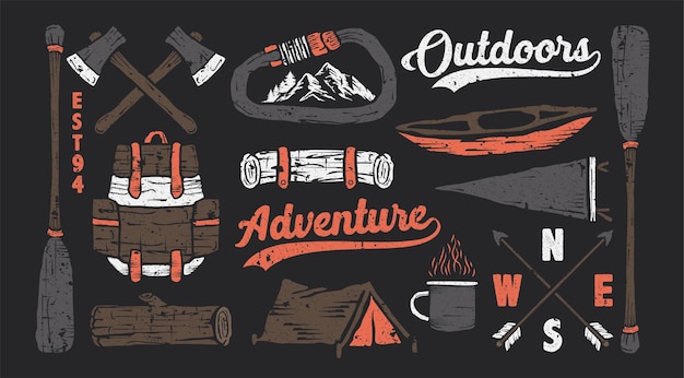 Conjunto de elementos do ícone do logotipo vintage retro caminhadas camping aventura ao ar livre