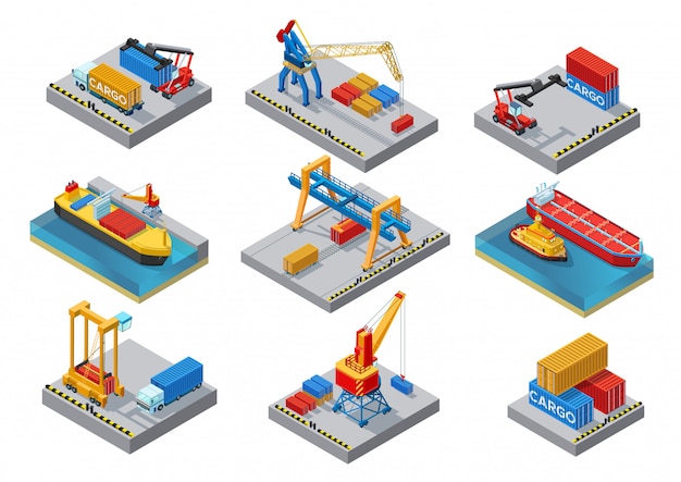 Conjunto de elementos do porto marítimo isométrico