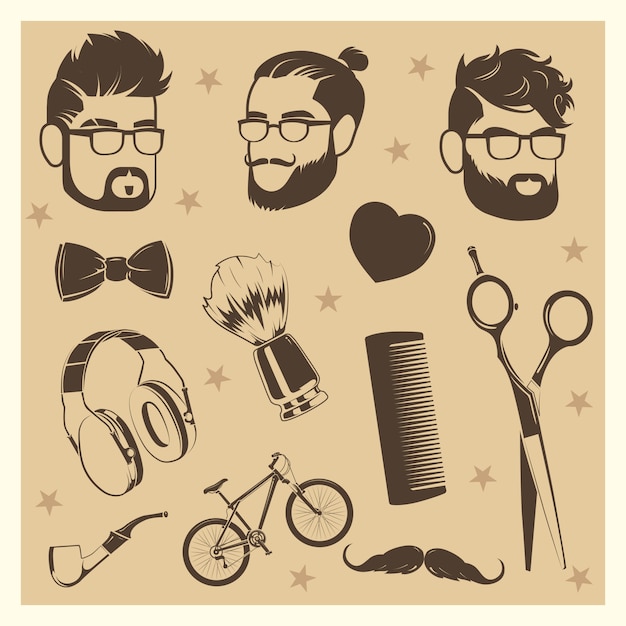 Vetor conjunto de elementos do vetor hipster - cabeças masculinas, tesoura