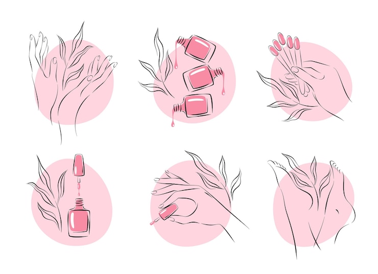 Vetor conjunto de elementos e ícones para estúdio de unhas. esmalte de unhas, escova de unhas, mãos e pernas femininas bem cuidadas.
