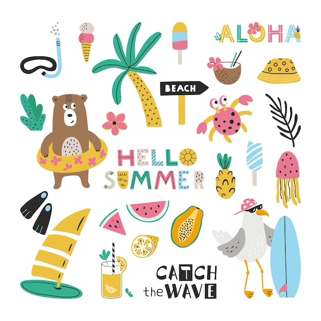 Conjunto de elementos e personagens fofos de verão animais frutas bebe plantas e letras