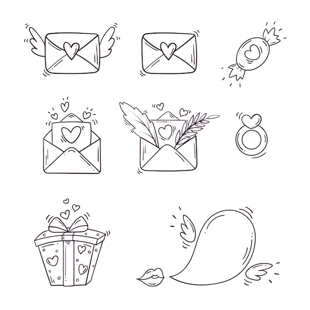 Vetor conjunto de elementos em preto e branco para st. dia dos namorados em estilo doodle.