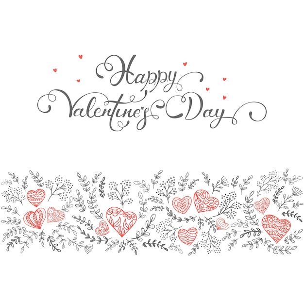 Conjunto de elementos florais com corações decorativos vermelhos e letras pretas, feliz dia dos namorados em fundo branco, ilustração.