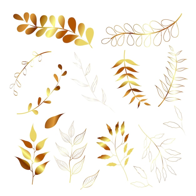 Vetor conjunto de elementos florais dourados folhas de ouro