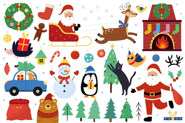 Conjunto de elementos fofos de natal doodle coleção de objetos de inverno papai noel no trenó e renas