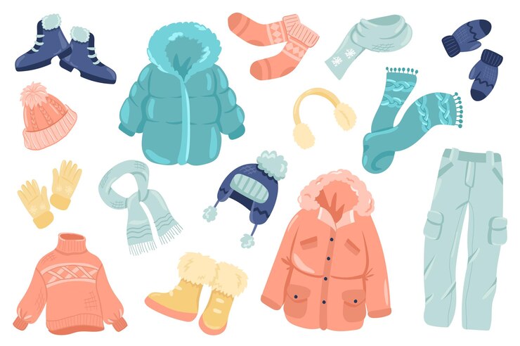 Vetor conjunto de elementos fofos de roupas de inverno