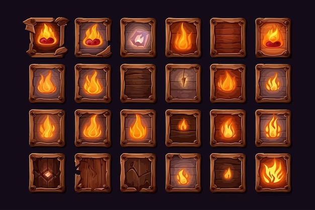 Conjunto de elementos gui de painéis de jogos de madeira decorados com queimadura de chama Elementos planos de desenhos animados vetoriais isolados no fundo