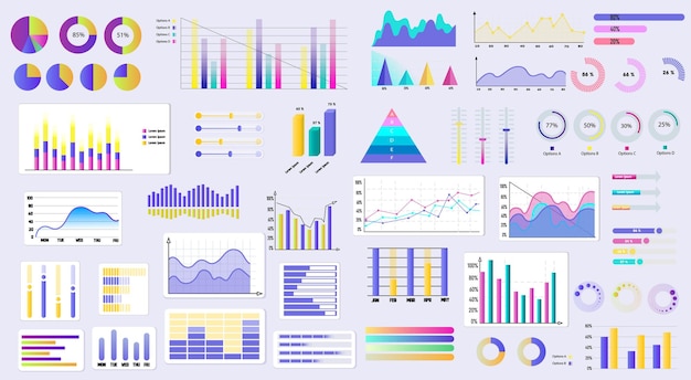 Conjunto de elementos infográficos de negócios Coleção de visualização de apresentação financeira para análise e relatório de estatísticas Torta de diagrama colorido e gráficos de fluxo gráficos de barras e ilustração vetorial de linhas