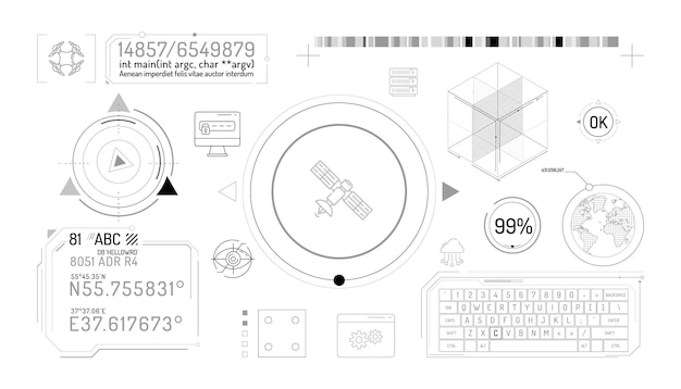 Conjunto de elementos infográficos sobre proteção de dados de satélite e quadcopter