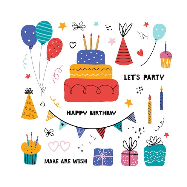 Conjunto de elementos isolados de festa de aniversário. Ilustrações de mão desenhada