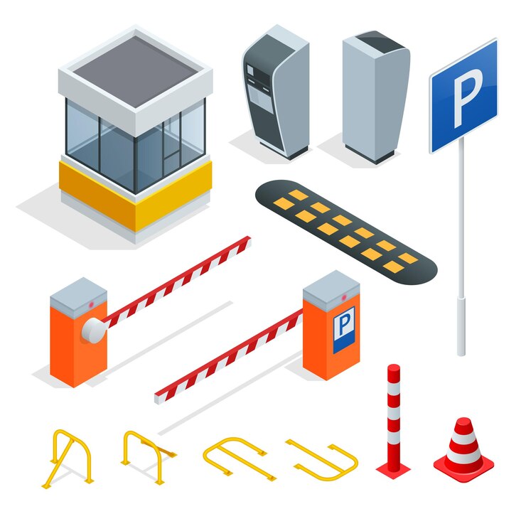 Conjunto de elementos isométricos de estacionamento isométrico. Ícones para carros de estacionamento. Multas e elementos de estacionamento. Ícone de zona de estacionamento na coleção de conjuntos.