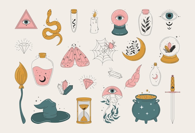 Vetor conjunto de elementos místicos para design doodle elementos de halloween bruxaria aranha olho de cobra