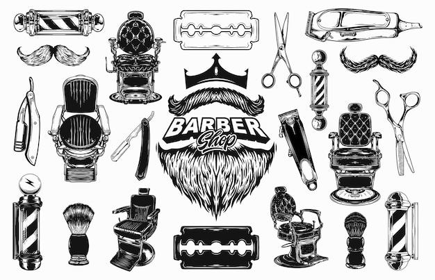 Conjunto de elementos monocromáticos vintage barbearia conceito de design de logotipo vetorial cor preta e branca