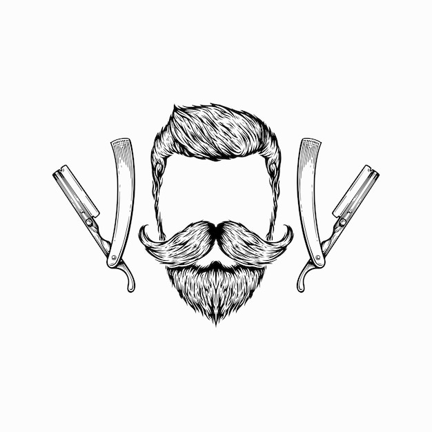 Conjunto de elementos monocromáticos vintage de barbearia conceito de design de logotipo vetorial
