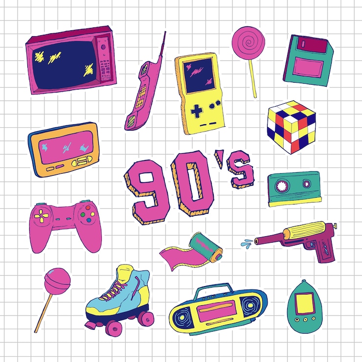 Vetor conjunto de elementos no estilo trendy dos anos 90 desenhado à mão