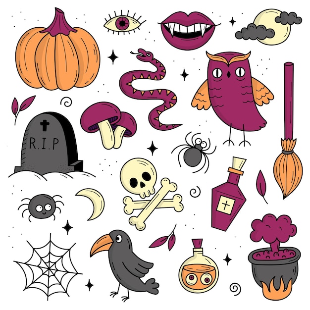 Conjunto de elementos para o halloween. objetos assustadores místicos. gatos, abóboras, fantasmas, poções. ilustração do estilo doodle