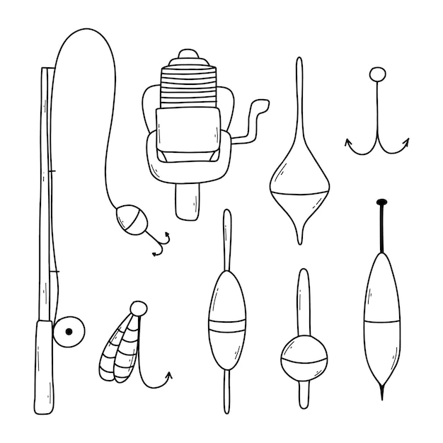 Vetor conjunto de elementos para pescacoleção de equipamentos e iscas para ilustração vetorial de pesca estilo doodle conjunto brilhante para pesca de verão