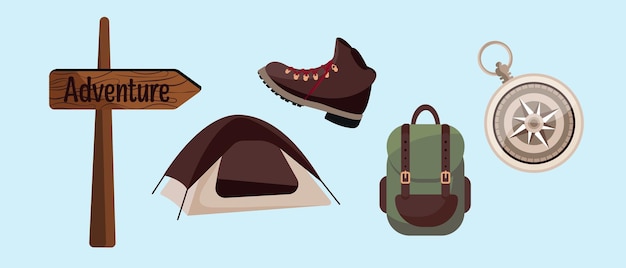 Conjunto de elementos para viagens, caminhadas, acampamentos, viagens.