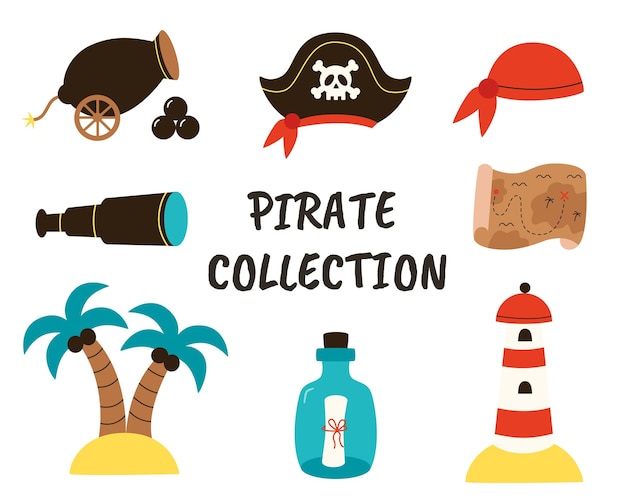 Conjunto de elementos piratas desenhados à mão para criar planilhas e cartazes de cartões de logotipos