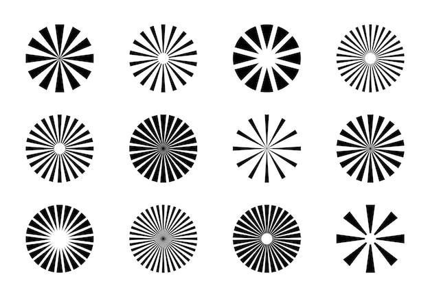 Vetor conjunto de elementos radiais de explosão solar de listras radiais com explosão solar com centro