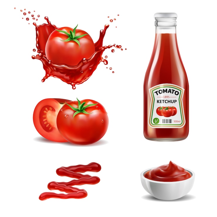 Vetor conjunto de elementos realistas de respingo de tomate vermelho de suco de tomate, garrafa de ketchup, inteiro e uma fatia de tomate