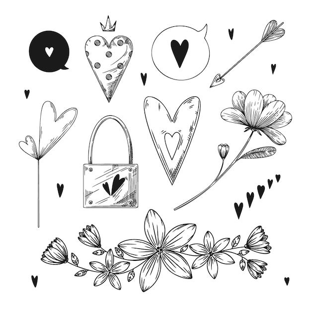 Conjunto de elementos românticos desenhados à mão. corações diferentes, flores e outros elementos diferentes. ilustração em vetor esboço desenhado à mão.