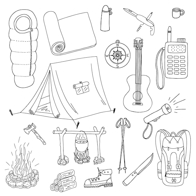 Conjunto de elementos sobre o tema do acampamento e turismo estilo doodle preto e branco desenhado à mão