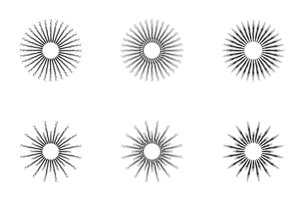 Conjunto de elementos sunburst desenhados à mão listras radiais starburst ilustração em vetor