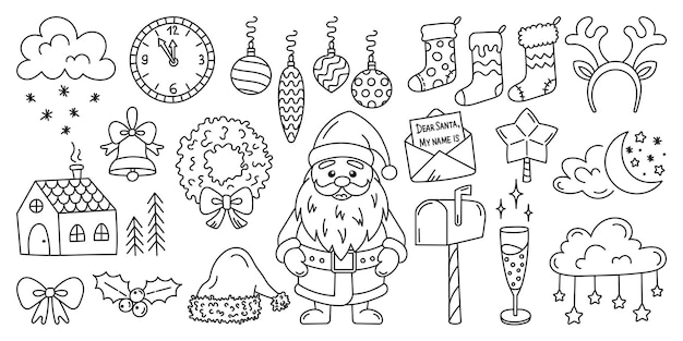 Conjunto de elementos vetoriais de Doodle de Natal em fundo branco