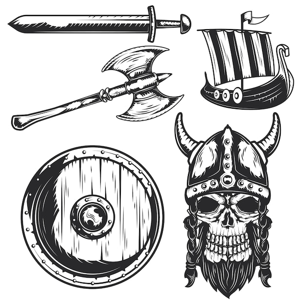 Conjunto de elementos viking para criar seus próprios emblemas, logotipos, etiquetas, pôsteres, etc.
