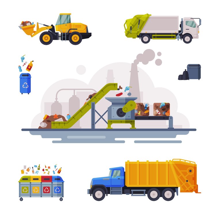 Vetor conjunto de eliminação de lixo recolha de resíduos transporte classificação e reciclagem vetor de estilo plano