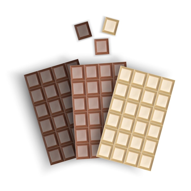 Conjunto de embalagens de barras de chocolate realistas, isoladas, com leite, barras de chocolate branco e preto