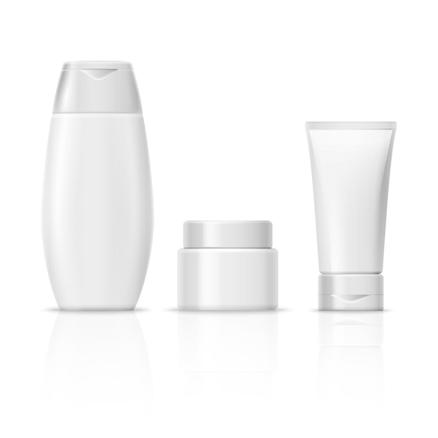 Conjunto de embalagens de produtos cosméticos em branco branco, tubo de creme, frasco de xampu, recipiente de creme