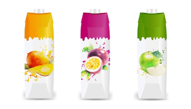 Vetor conjunto de embalagens de suco de frutas isolado com fundo branco com malha gradiente, ilustração vetorial