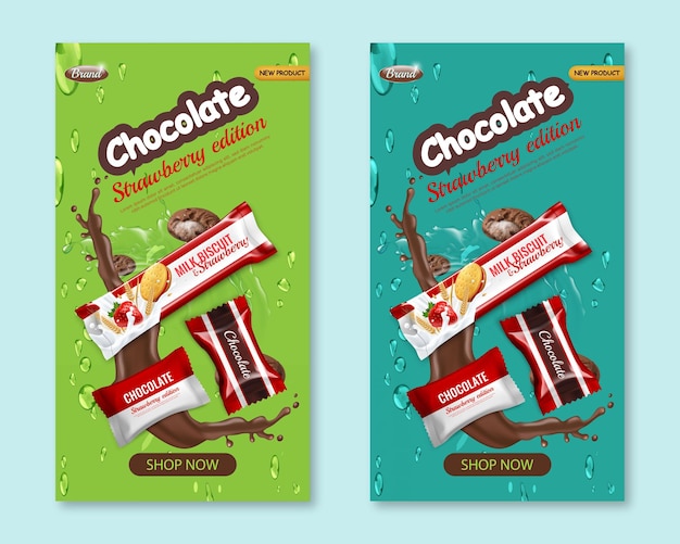 Vetor conjunto de embalagens realistas de doces e biscoitos de chocolate