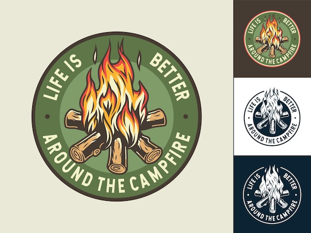 Vetor conjunto de emblema de fogueira com chama para acampar