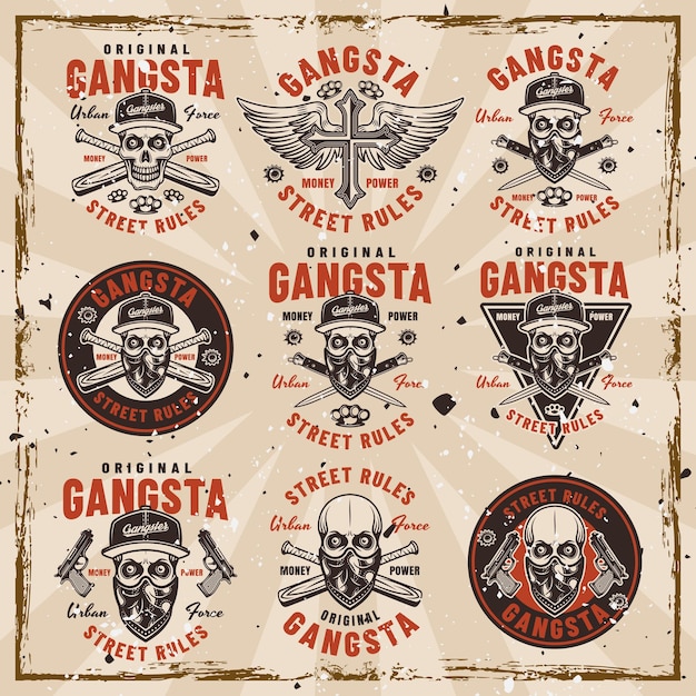 Vetor conjunto de emblemas criminosos vetoriais, rótulos, crachás ou impressões em estilo vintage ilustração em fundo com texturas grunge removíveis