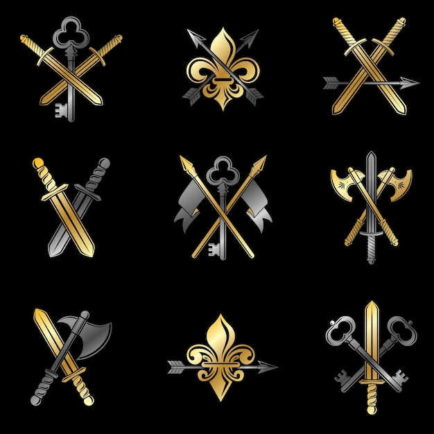 Vetor conjunto de emblemas de armas vintage. sinais heráldicos vector coleção de elementos vintage.