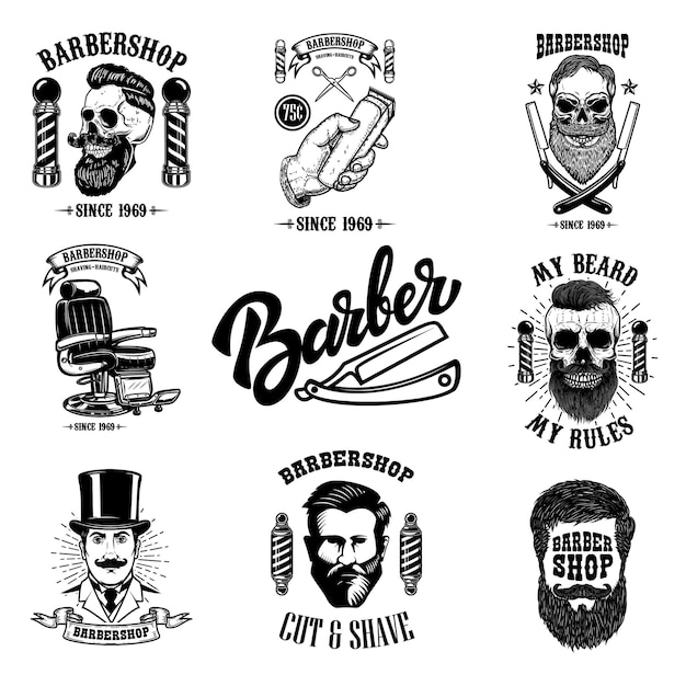 Vetor conjunto de emblemas de barbearia vintage