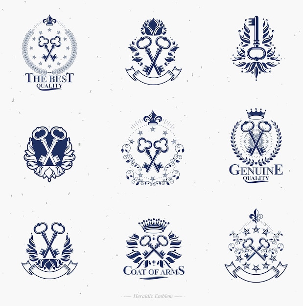 Vetor conjunto de emblemas de chaves na mão antigos. coleção de elementos de design de vetor heráldico. rótulo de estilo retrô, logotipo de heráldica.