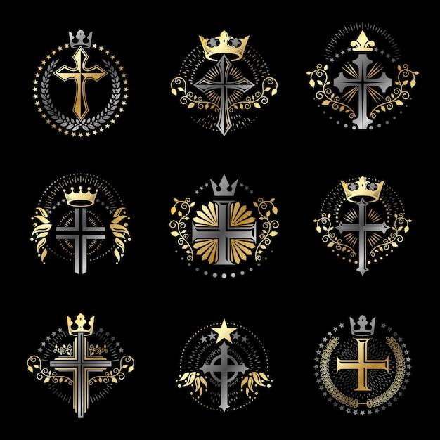Conjunto de emblemas de cruzes cristãs. heráldica brasão de armas logotipos decorativos isolado coleção de ilustrações vetoriais.