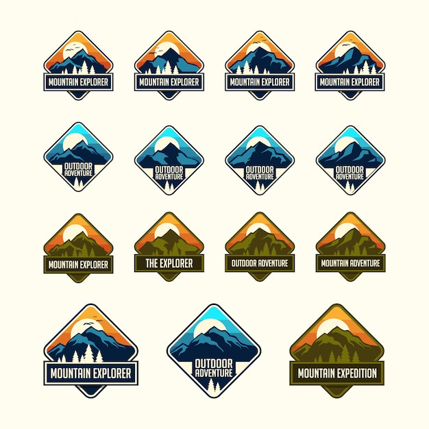 Conjunto de emblemas de emblemas de viagens vintage clássico nove montanha