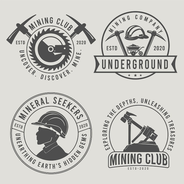 Conjunto de emblemas de logotipos de empresas de mineração subterrânea vintage e elementos de design